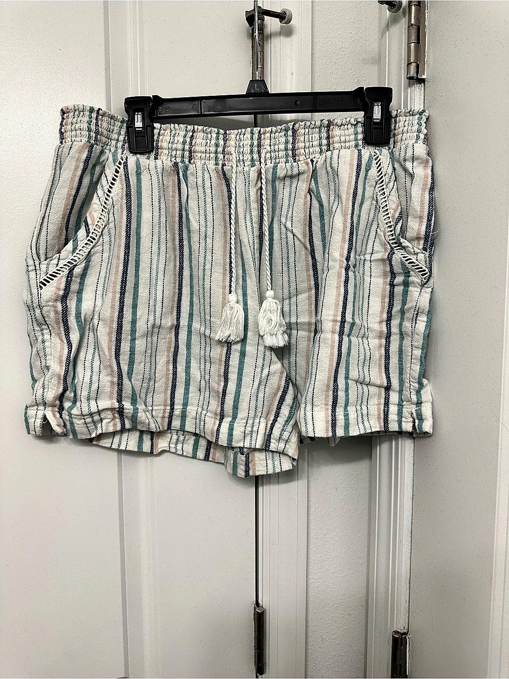 BRIGGS Ladies Linen Blend Short Striped Shorts White & Blue XL